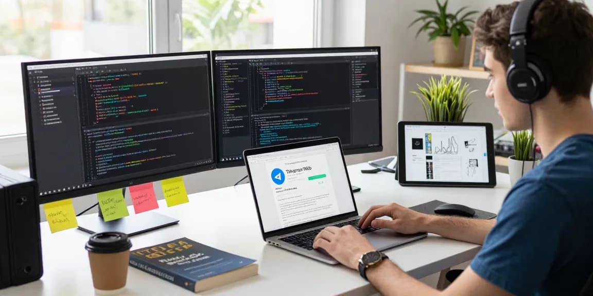 Developer using Telegram Web Version in a modern tech workspace surrounded by monitors and gadgets.