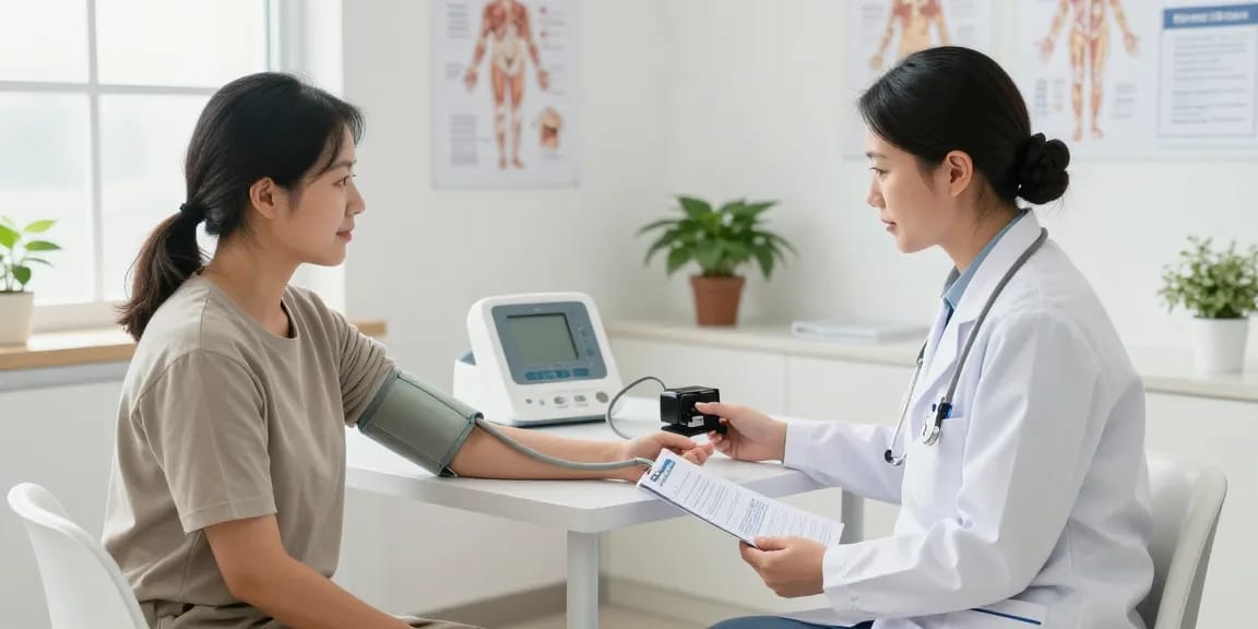 Healthcare professional using blood pressure cuffs in a modern clinic.