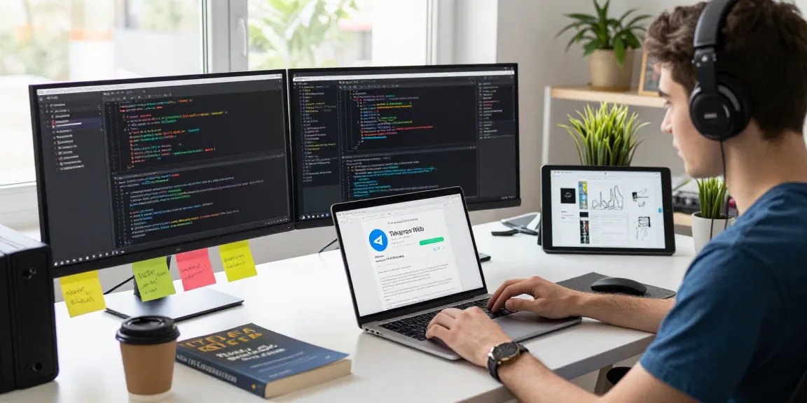 Developer using Telegram Web Version in a modern tech workspace surrounded by monitors and gadgets.