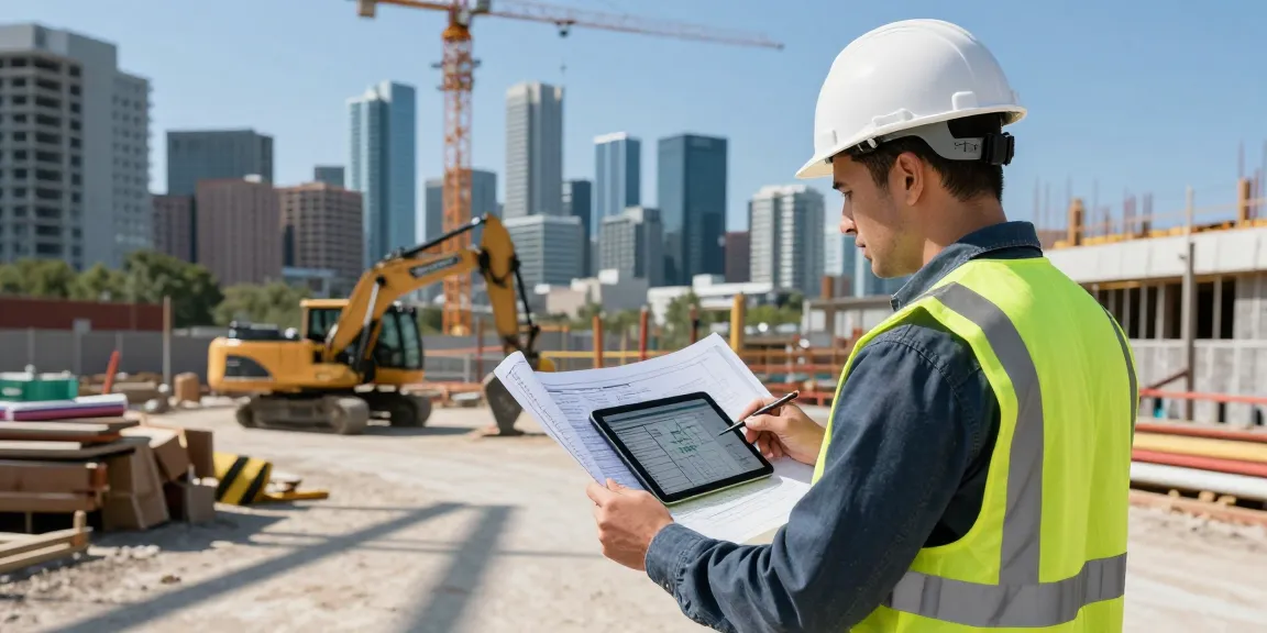 Project management construction Toronto professional overseeing urban site with blueprints and equipment.