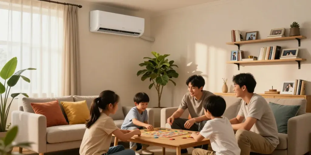 Cozy living room with a split ac unit, family enjoying game night together.