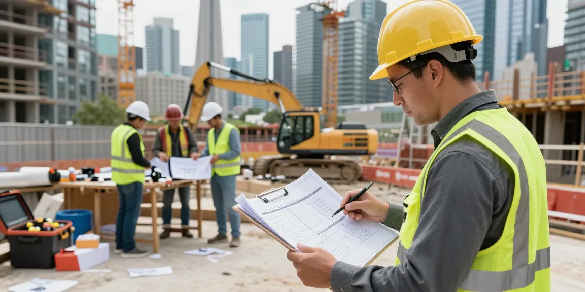 Project management construction toronto scene with manager reviewing plans on site in urban environment.