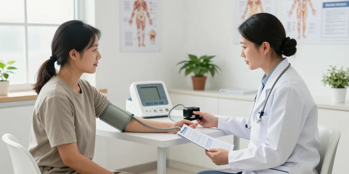 Healthcare professional using blood pressure cuffs in a modern clinic.