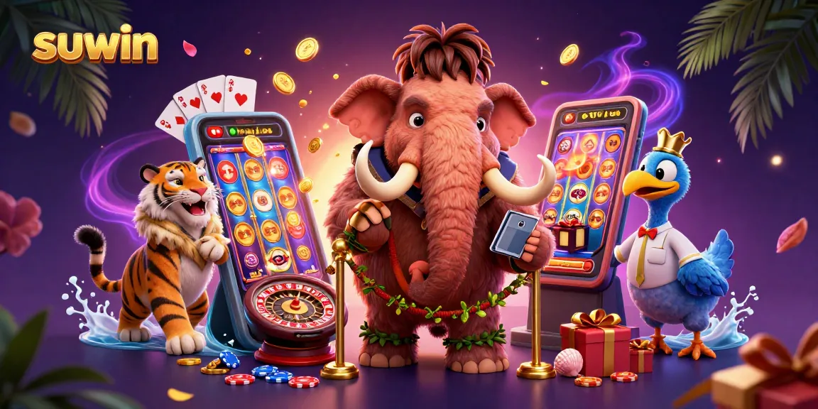 Engage with suwin's vibrant casino atmosphere featuring mammoth bouncers and slot game excitement.