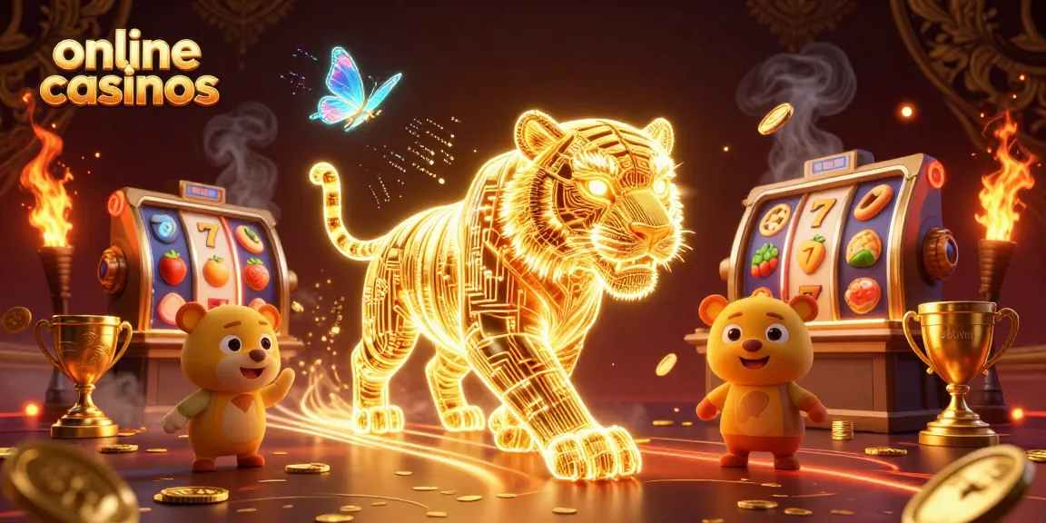 Explore dynamic gaming at online casinos with a neon tiger in a vibrant casino landscape.
