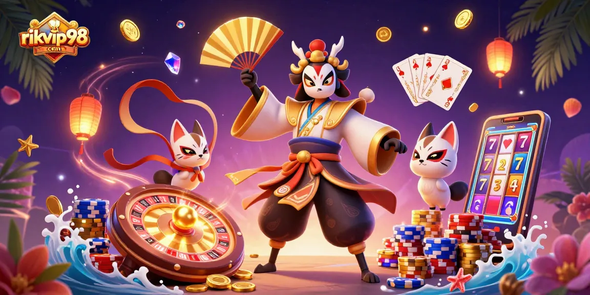 Experience the thrill of gambling with rikvip98 com's dynamic casino illustration featuring vibrant characters and exciting game elements.